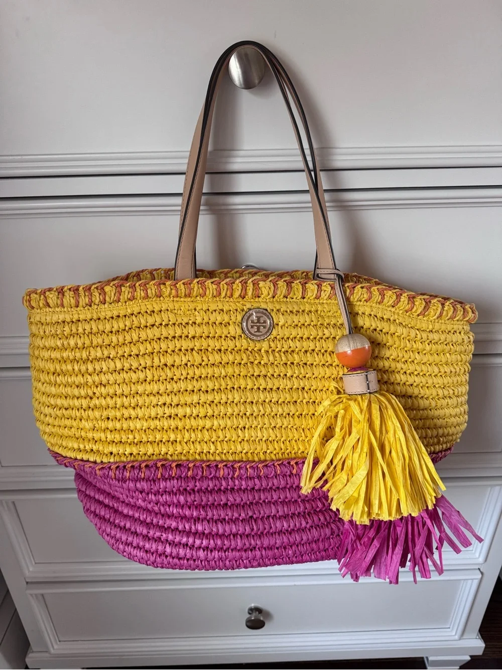 Tory Burch Yellow and Pink Straw Tote with Tassel Charm